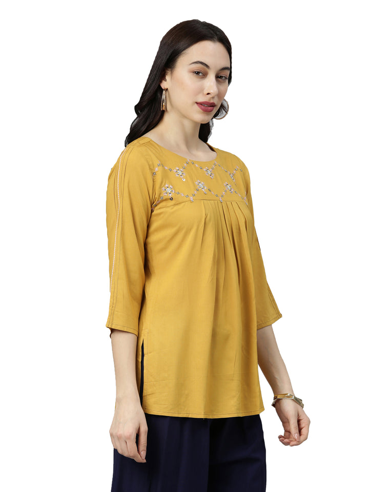 Neerus Yellow cotton embroidered kurti - back view