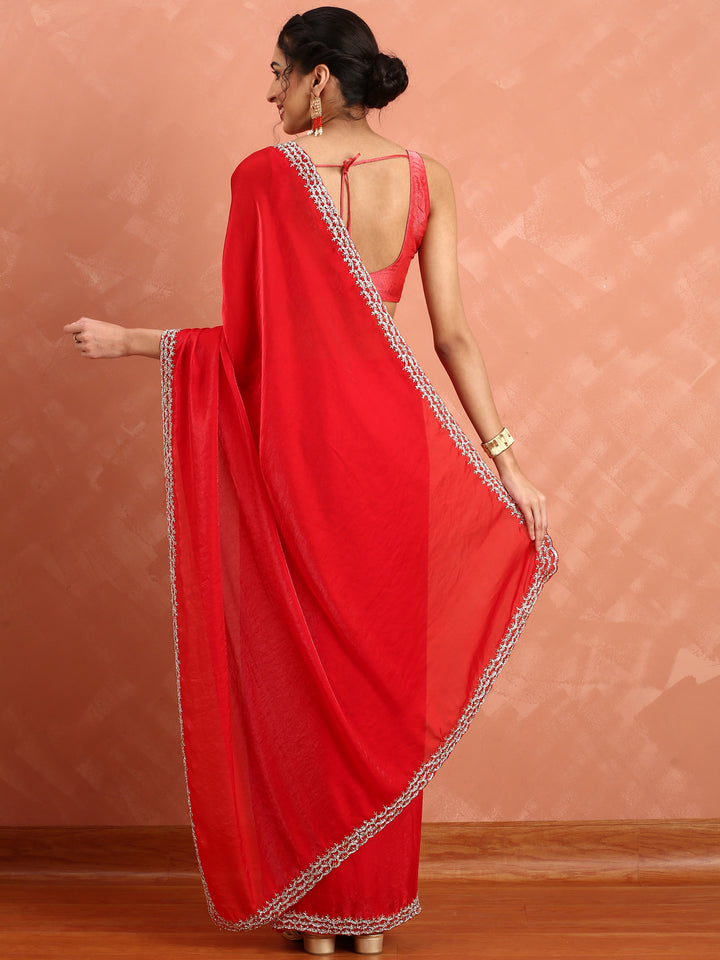 Red Jimmy saree with pearls & cut Dana embroidery