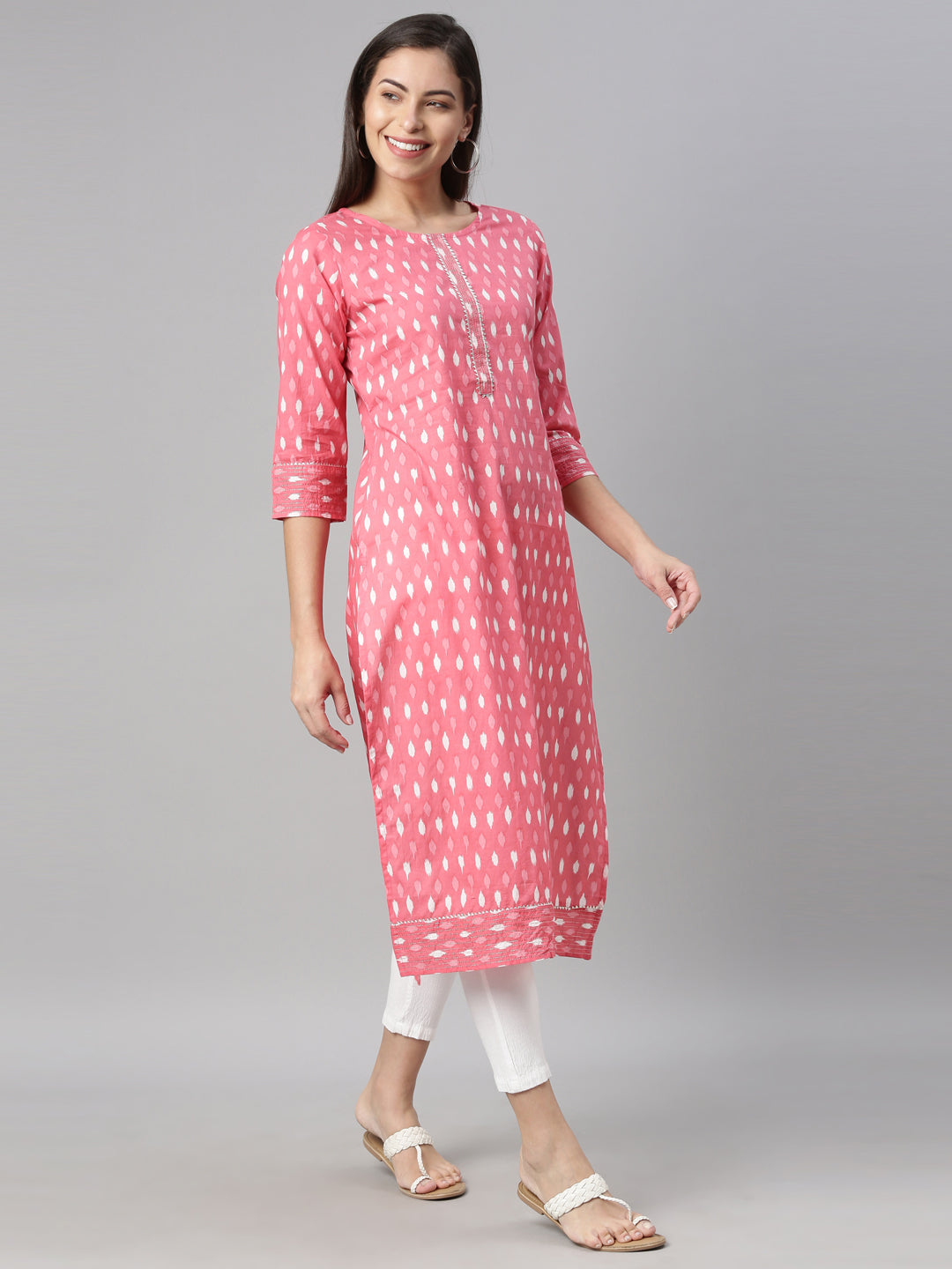 Neerus Pink cotton printed kurta geometric design - back view