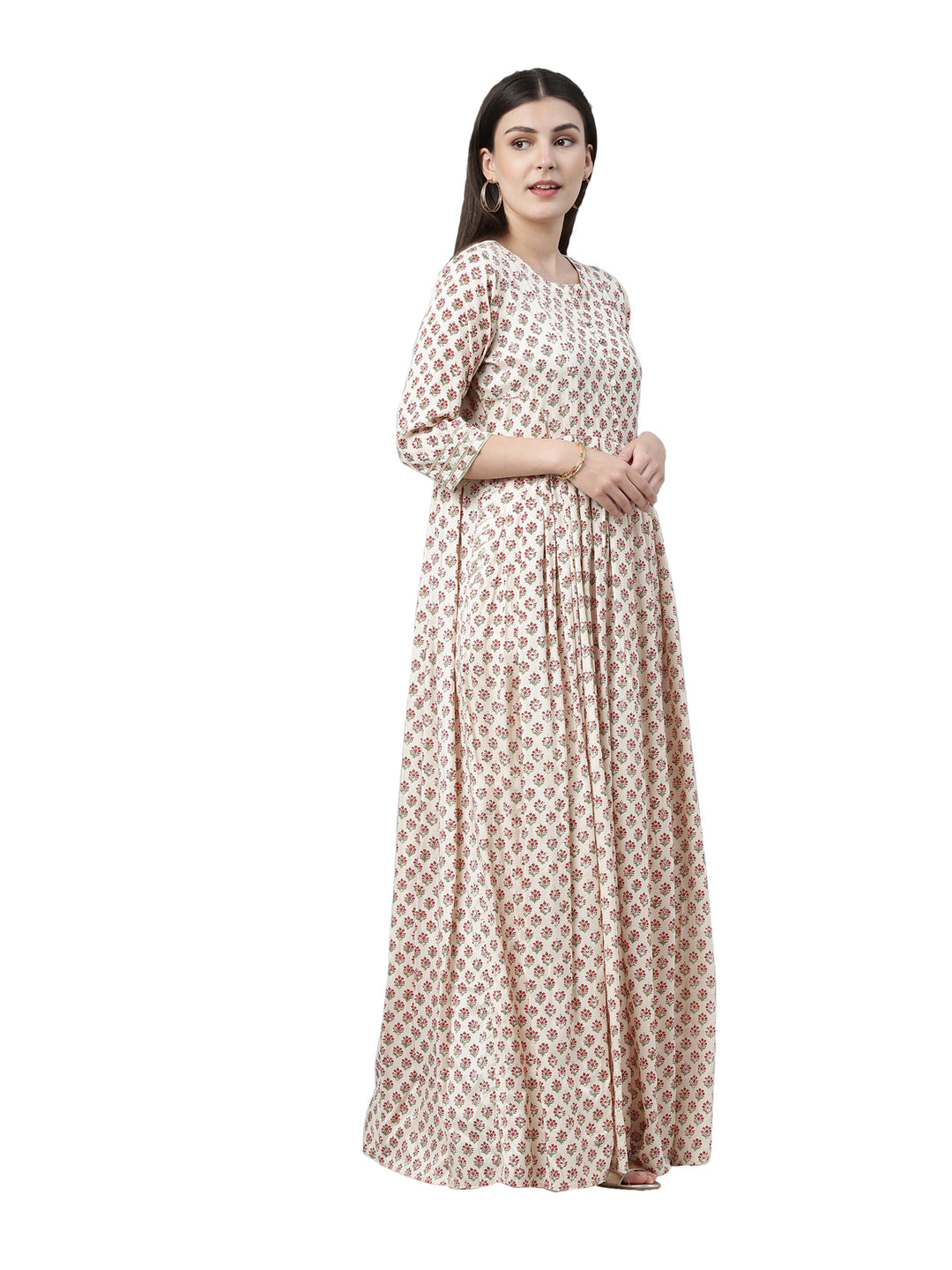 Neerus Women Cream-Coloured Floral Printed Anarkali Kurta