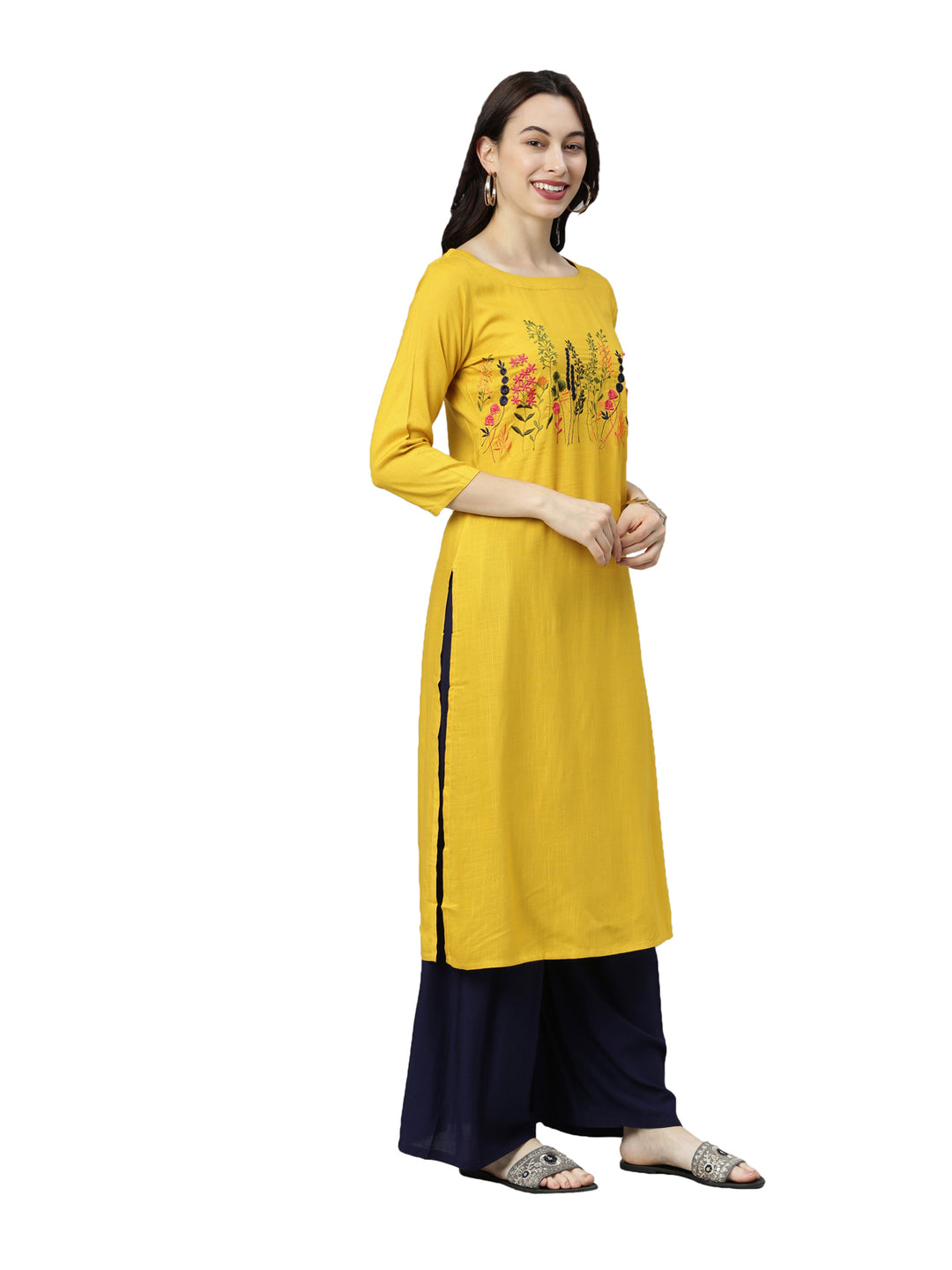Neerus Yellow thread embroidered floral kurta - detail view 1