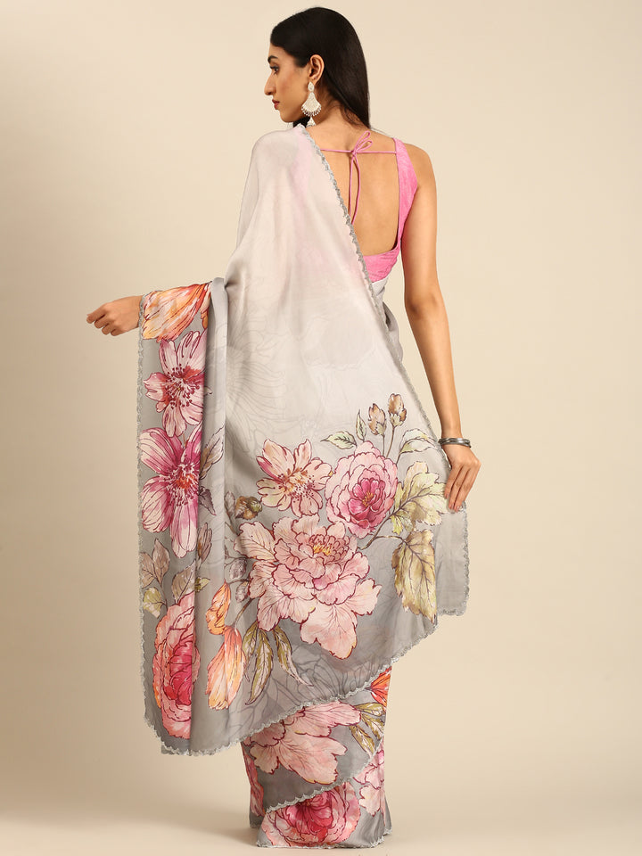 Great Satin Floral Printed Saree With Swarovski Embroidery
