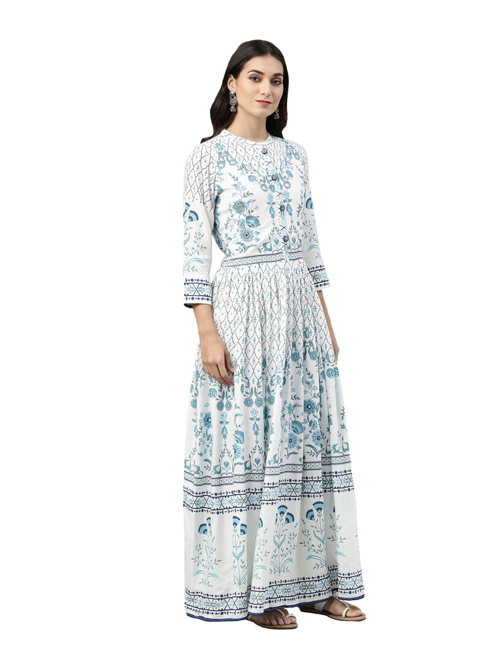 Neerus Women White  Blue Floral Printed Mirror Work Anarkali Kurta