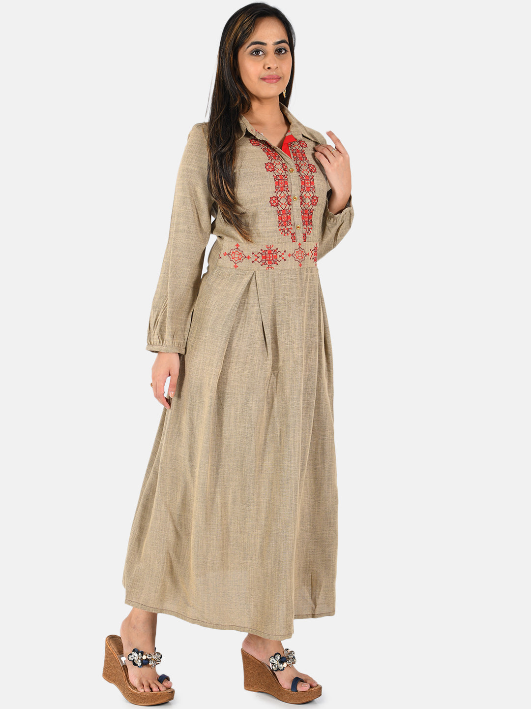 Neerus Beige rayon embroidered A-line kurti - detail view 2