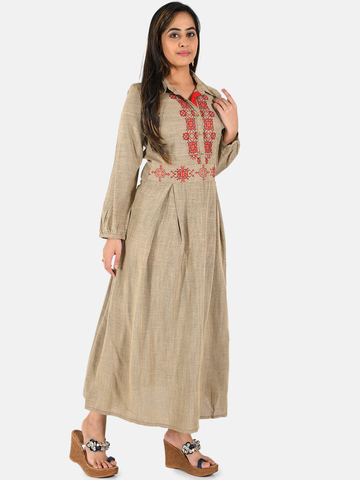 Neerus Beige rayon embroidered A-line kurti - detail view 2