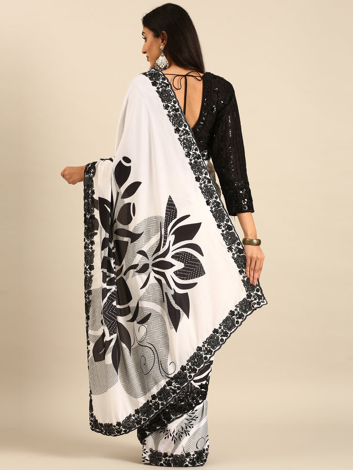 Black & White Satin Printed Saree With Hand Embroidery & Readymade blouse
