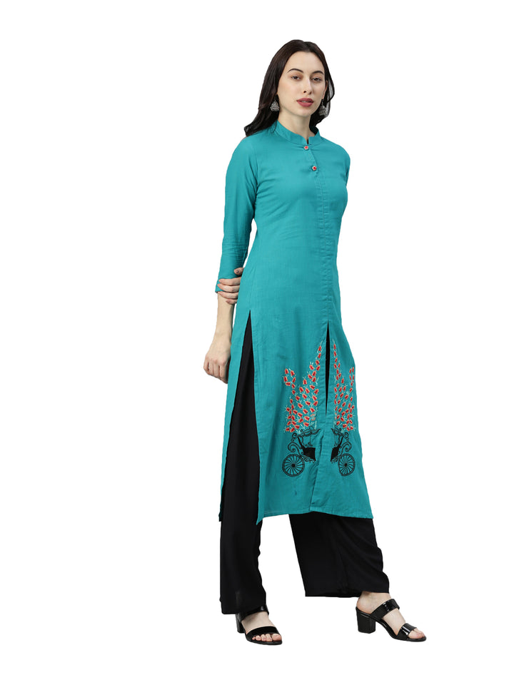 Neerus Women Sea Green  Black Solid Straight Kurta