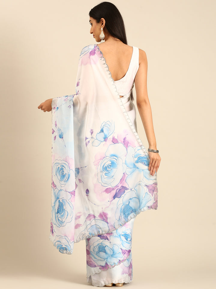 Blue satin floral printed saree with Swarovski embroidery