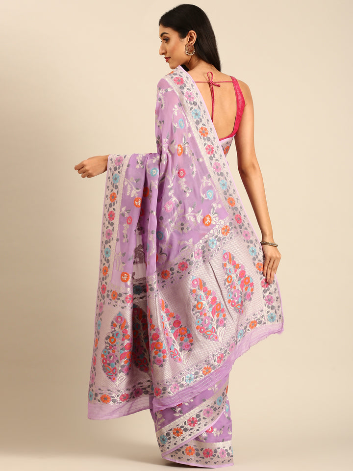 Purple Banarasi Silk Saree With Meenakari Border & Motifs