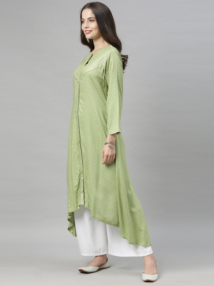 Neerus Green printed ethnic motif A-line high-low kurta - back view