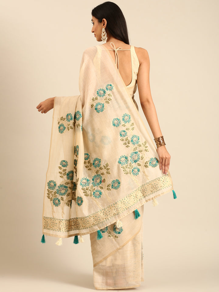 Cream Chanderi Silk Saree With Sequins And French Knot Embroidery