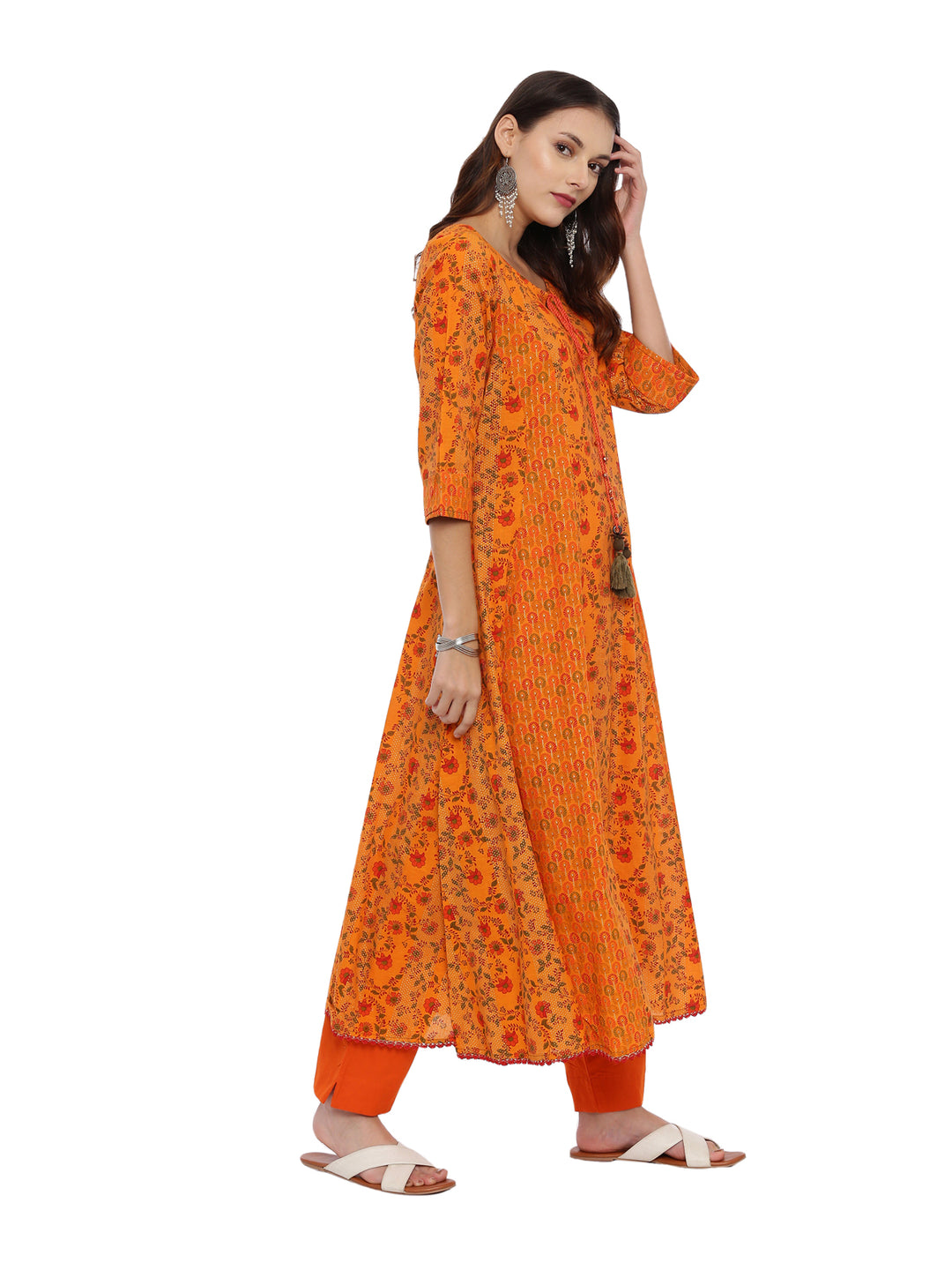 Neerus Orange printed suit set with trouser and dupatta - detail view 1
