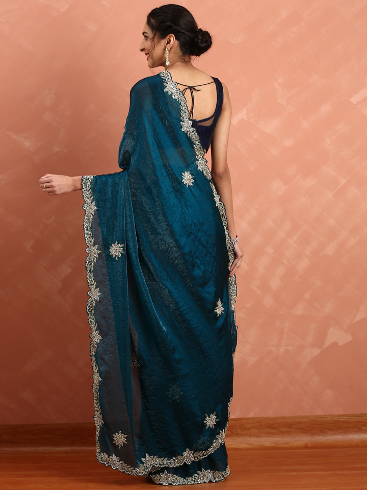 Peacock Jimmy Saree With Pearls Cut Dana And Swarovski Hand Embroidery