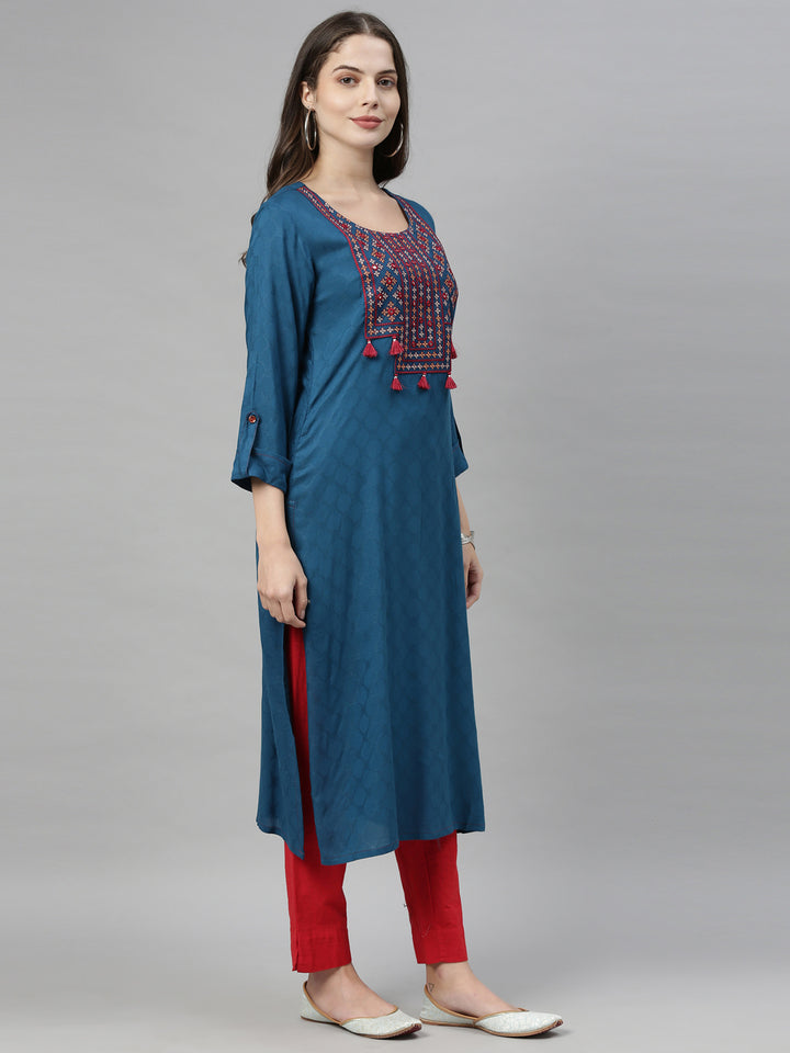 Neerus Blue mirror work straight kurta ethnic yoke design - back view