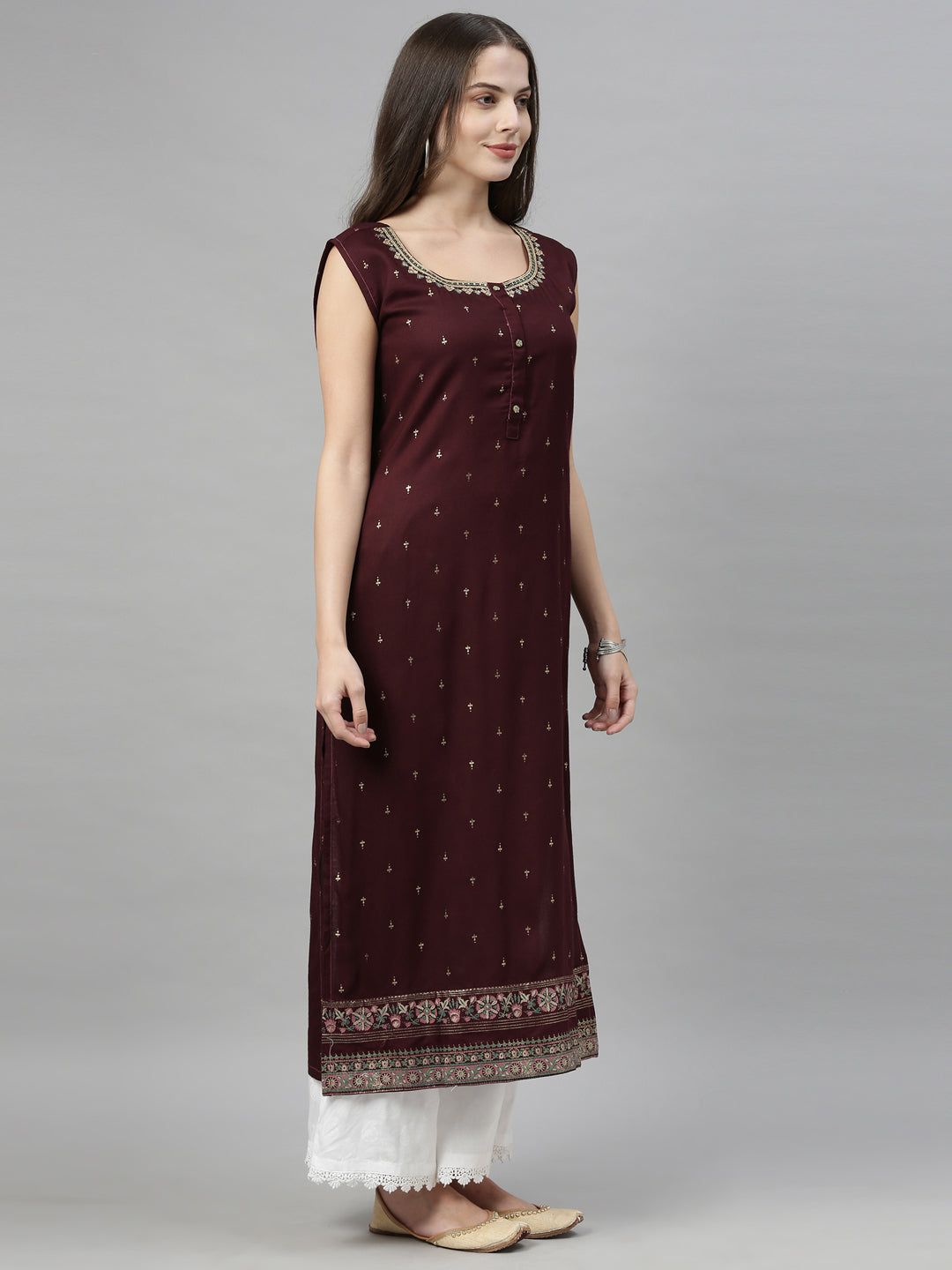 Neerus Brown ethnic printed straight kurta - back view