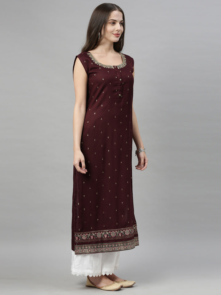 Neerus Brown ethnic printed straight kurta - back view
