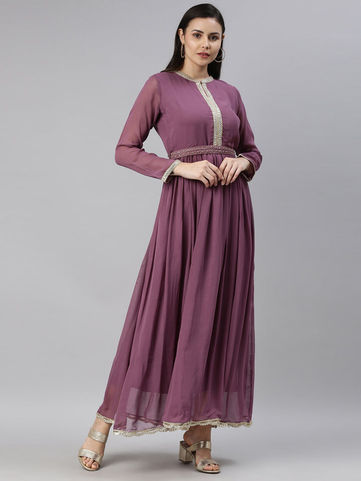 Neerus Purple Georgette Thread Embroidered Anarkali Kurta - side view