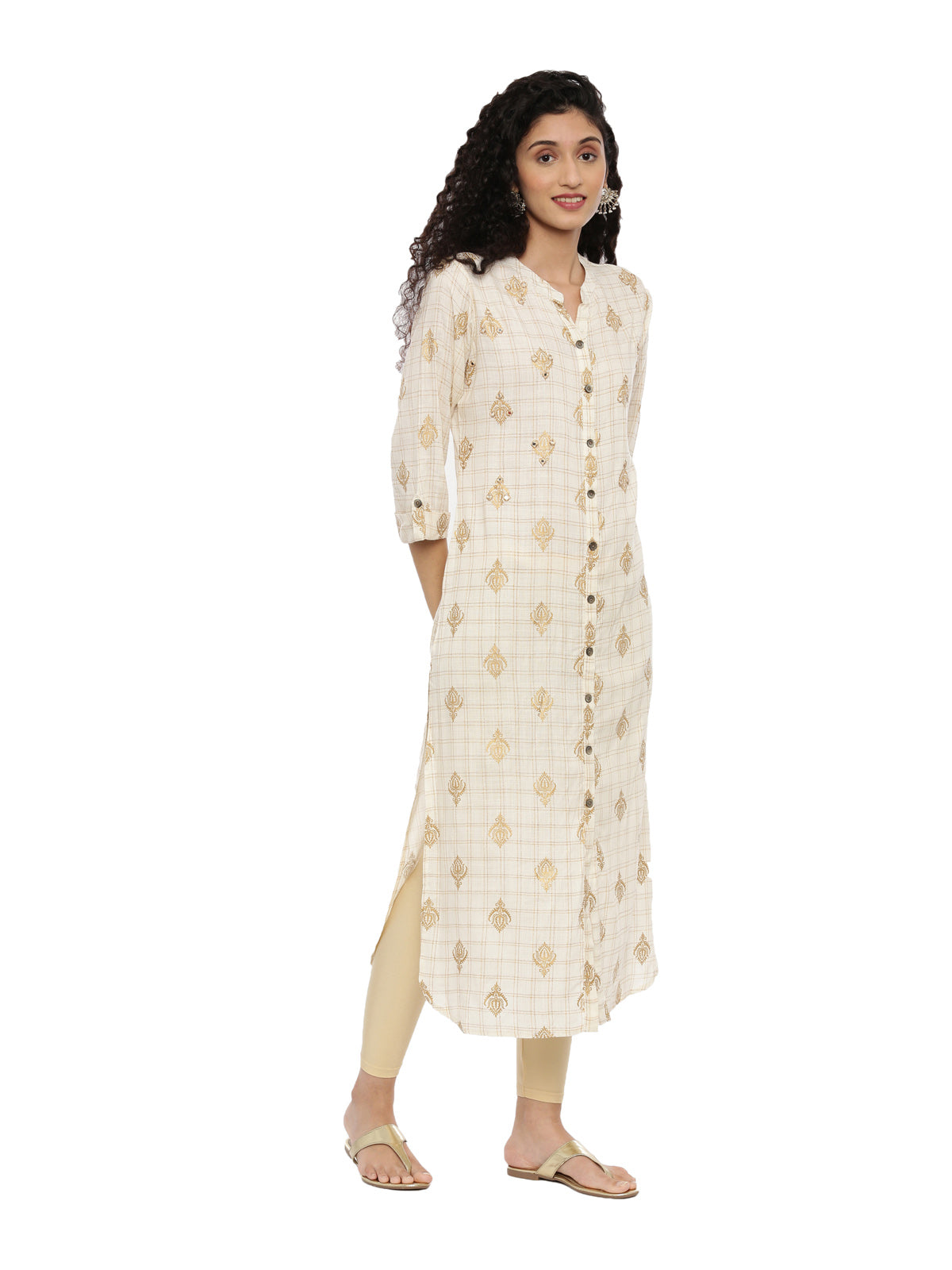 Neerus Women Cream-Coloured Thread Work Kurta