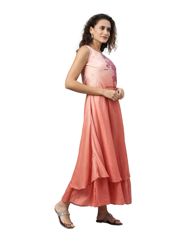 Neerus Orange floral printed layered kurti - detail view 1