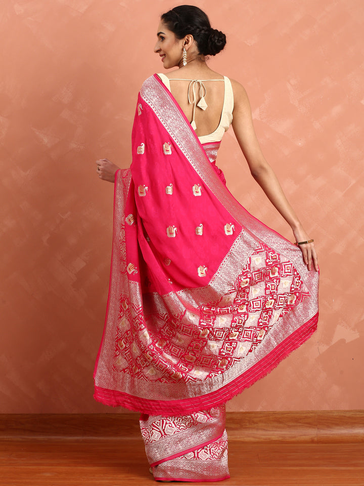 Pink banaras silk saree with silver motifs