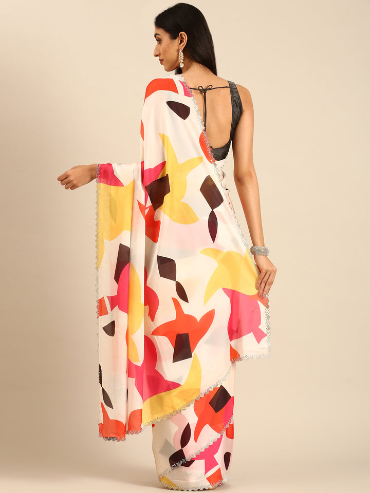 Printed satin saree with Swarovski border