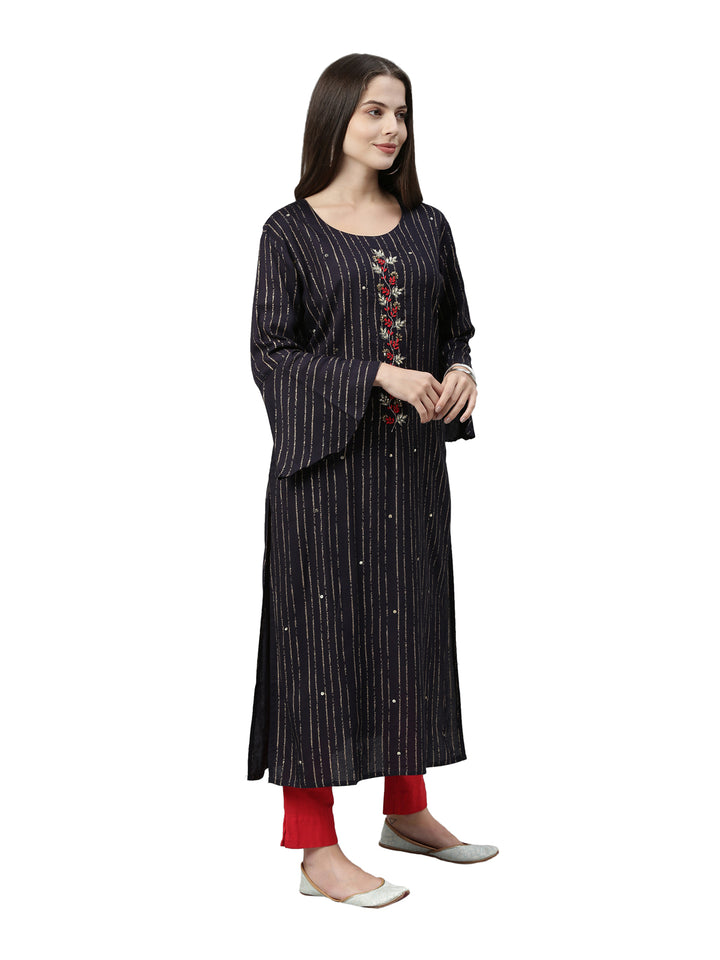 Neerus Women Navy Blue Striped Bell Sleeves Kurta