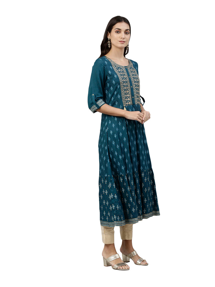 Neerus Blue thread embroidered ethnic kurta - back view