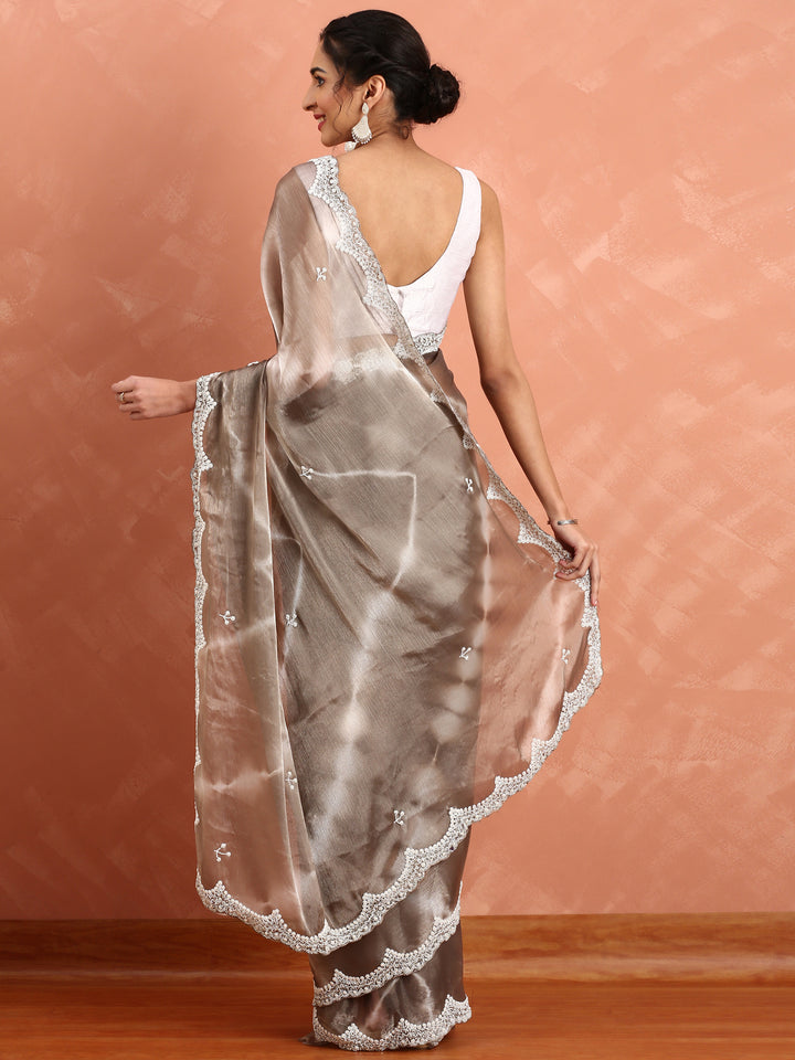 Grey Jimmy organza tie dye hand embroidery saree
