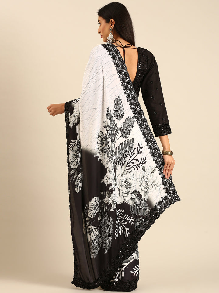 Black & White Satin Printed Saree With Hand Embroidery & Readymade Blouse