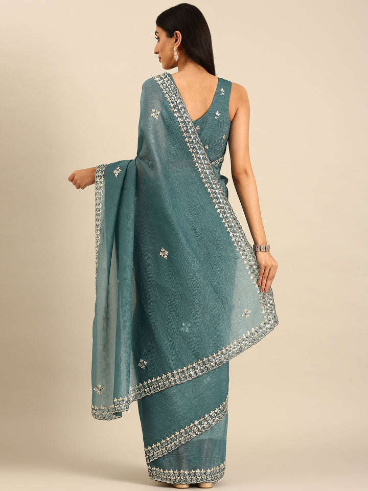 Green Jimmy crushed tissue saree with pearls & sequins embroidery with heavy ready made blouse