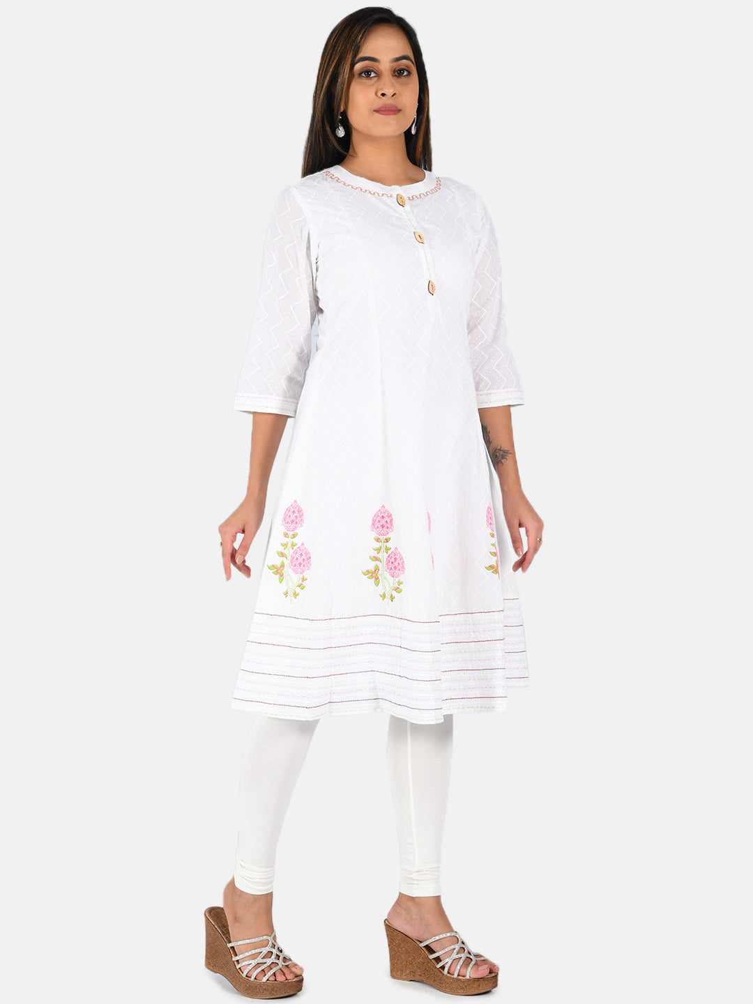 Neerus White cotton printed A-line kurti - detail view 2