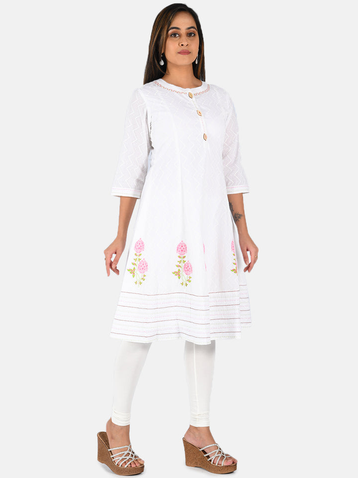 Neerus White cotton printed A-line kurti - detail view 2