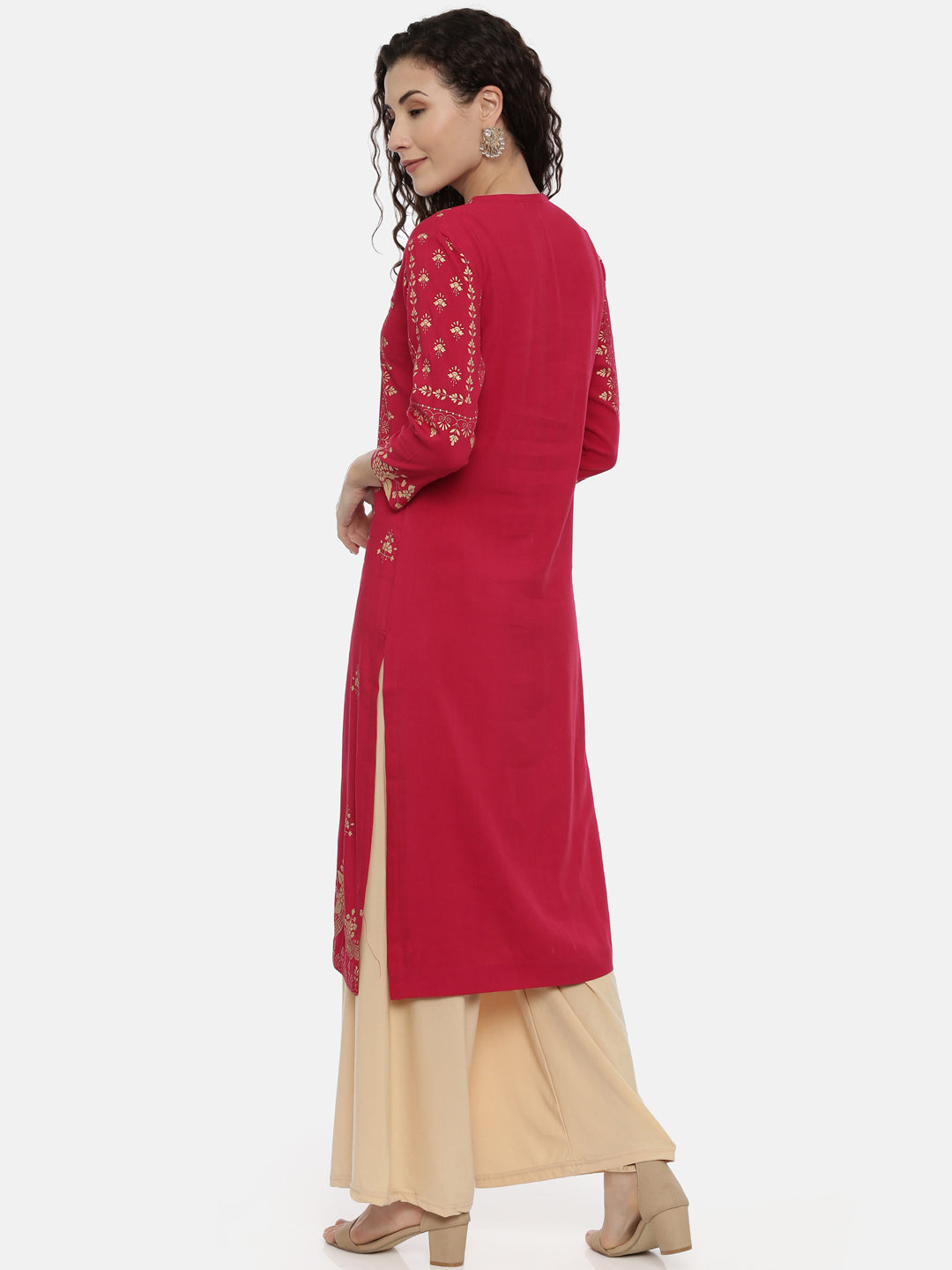 Neerus Red Rayon Printed Kurta - side view