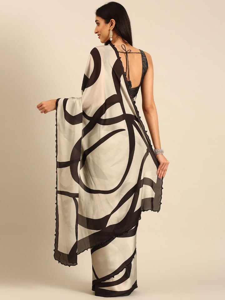Black & White Printed Satin Saree With Swarovski Embroidery