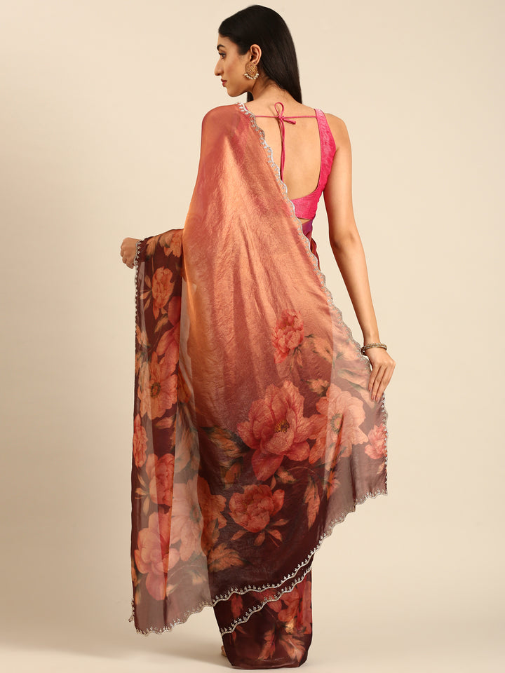 Gold & Maroon Floral Printed Jimmy Tissue Saree With Swarovski Embroidery