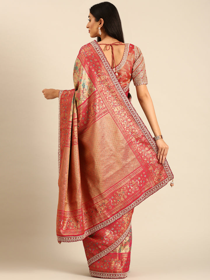 Banarsi Silk Saree With Meenakari Jaal Border & Hand Embroidery On Border And Readymade heavy blouse