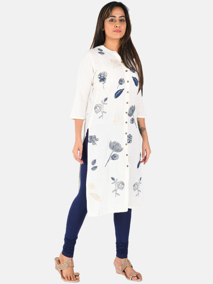 Neerus White cotton embroidered kurti - side view