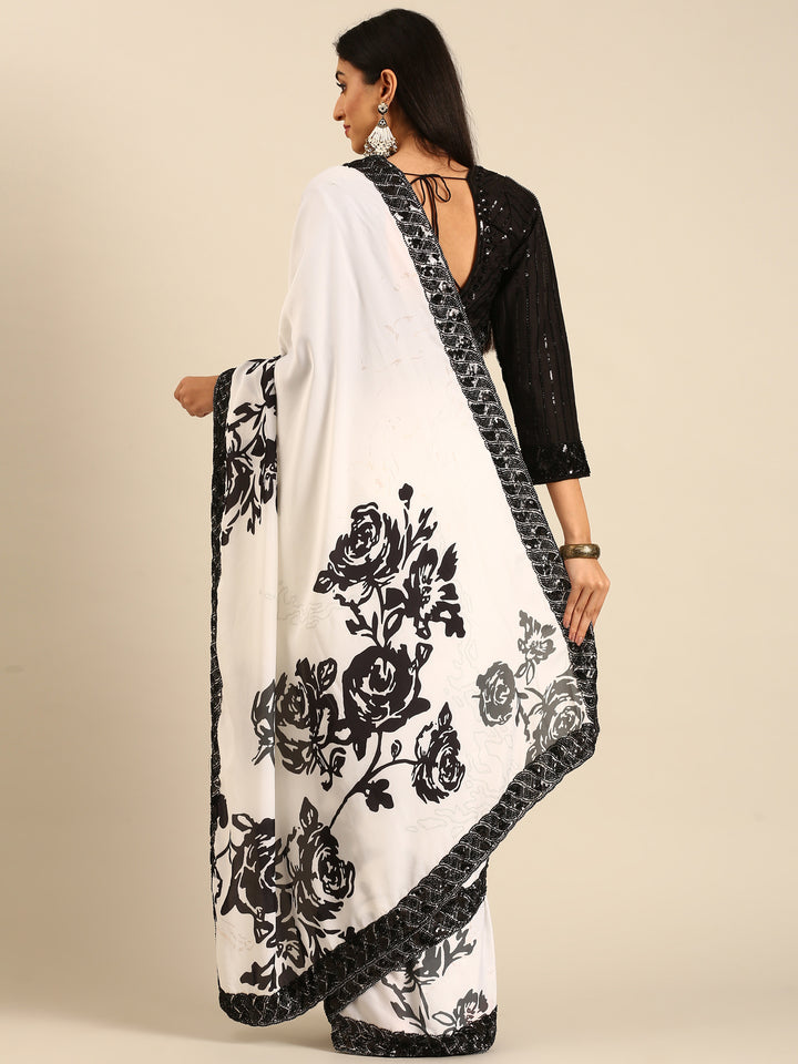 Black & White Satin Printed Saree With Hand Embroidery & Readymade Blouse