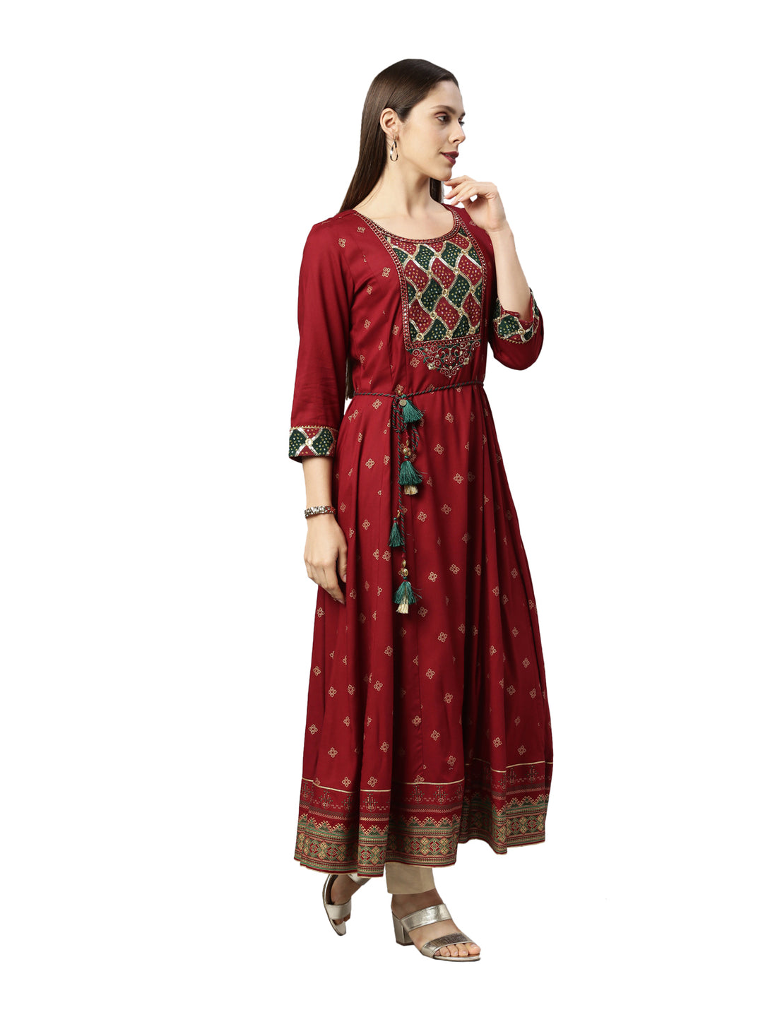 Neerus Maroon embroidered anarkali kurta with flared sleeves - side view