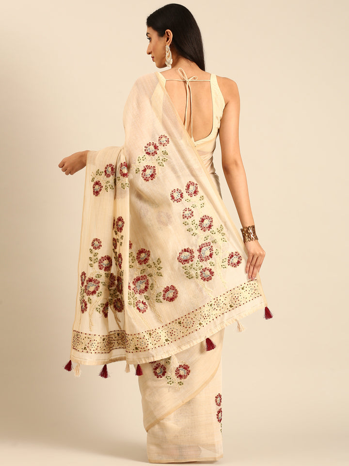 Cream Chanderi Silk With French Knot Contrast Thread Work And Sequence