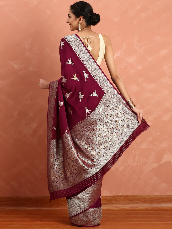 Neerus Maroon Banarasi woven saree with gold silver motifs - side view