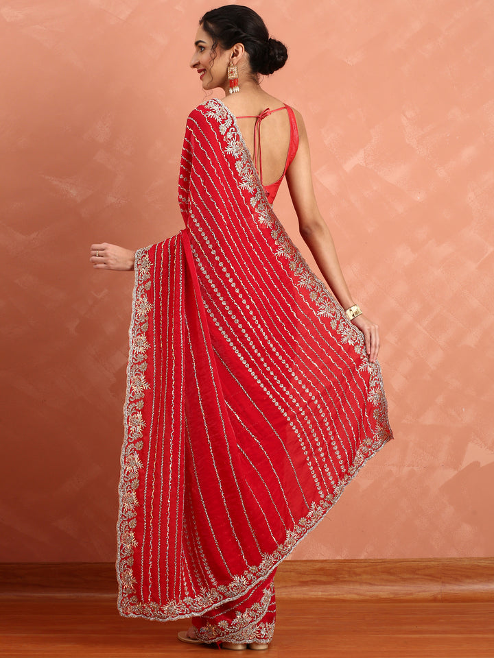 Red swarovski & Cut Dana embroidery saree