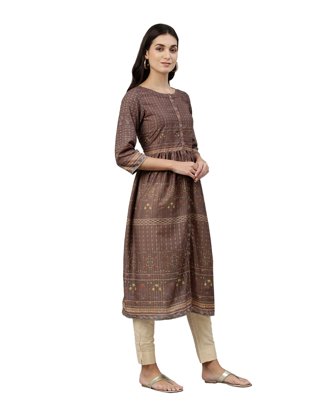 Neerus Brown printed anarkali kurta ethnic motifs - detail view 1