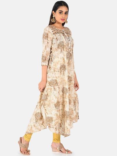 Neerus Women Beige Printed A-Line Kurta
