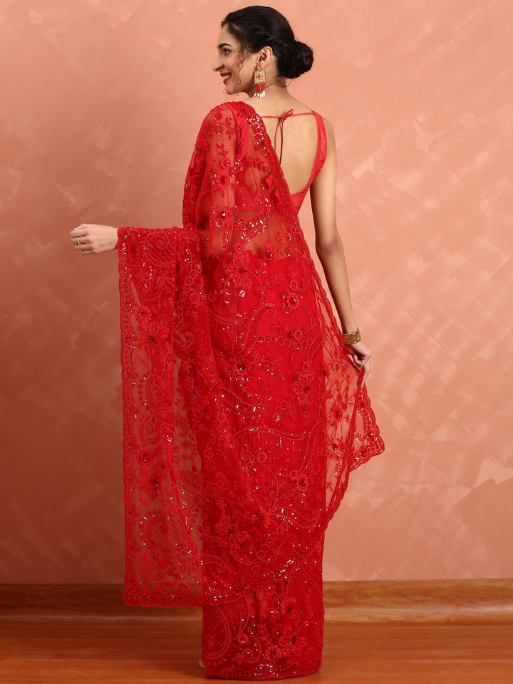 Red net saree with pearl and sequins hand embroidery with scallop border