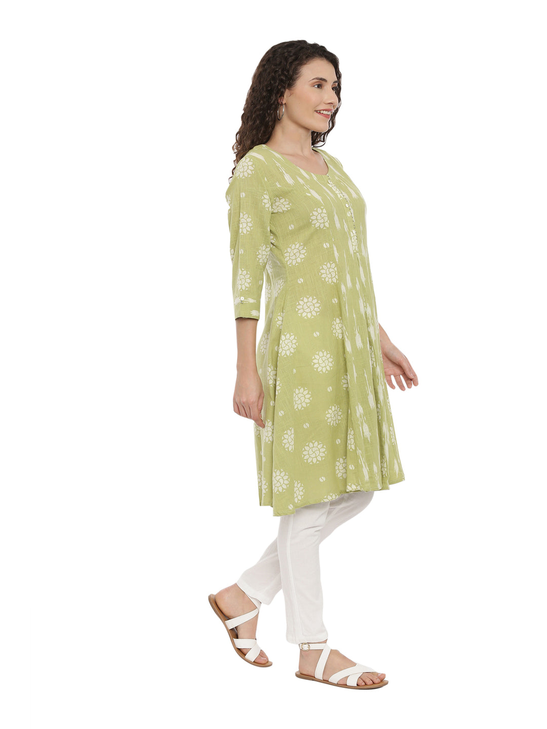 Neerus Women Green White Woven Design Anarkali Kurta