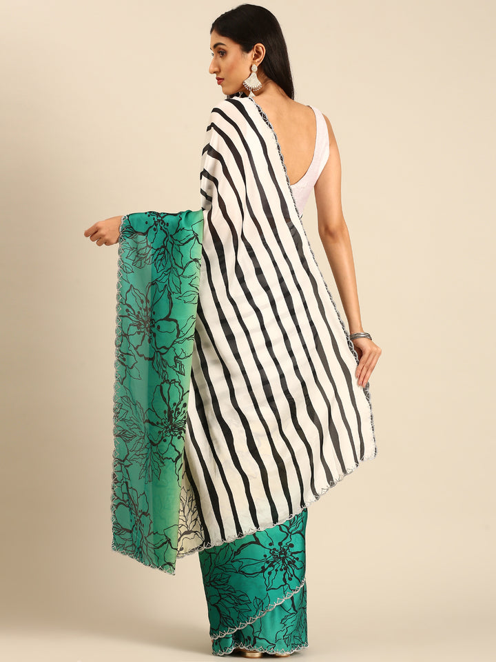 Green Satin printed saree with Swarovski embroidery