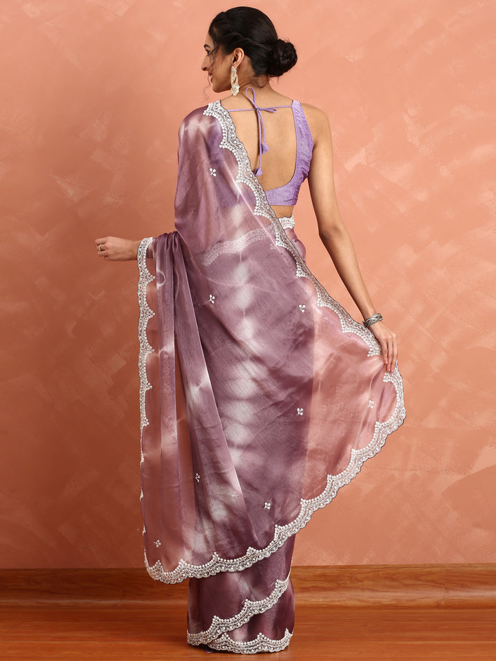 Onion pink Jimmy organza tie dye hand embroidery saree