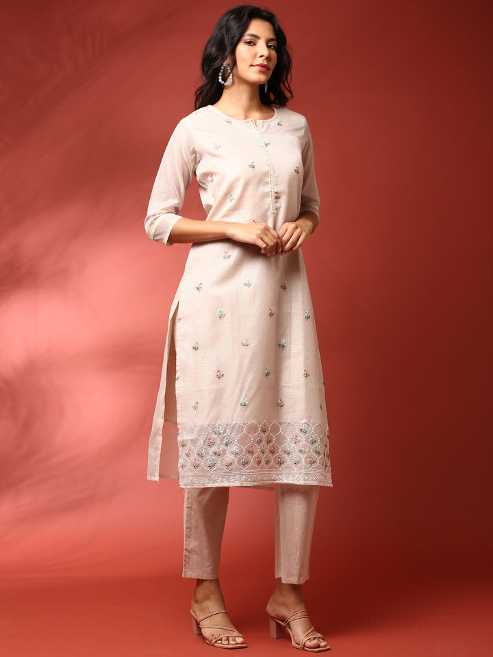 Beige chanderi thread work embroidery three piece suit set