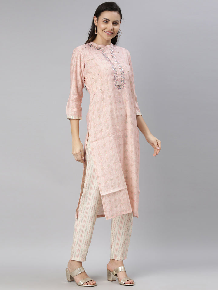 Neerus Women Pink Ethnic Motifs Printed Mirror Work Kurti with Trousers